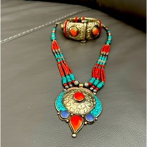 Stunning Afghan Tribal necklace&bangle.  Turquoise, Red Jasper, Lapis Lazuli